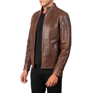 Vente en gros 100% véritable peau de vache blouson en cuir de bombardier marron pour hommes avec col montant vestes en cuir de moto - Product Image 5