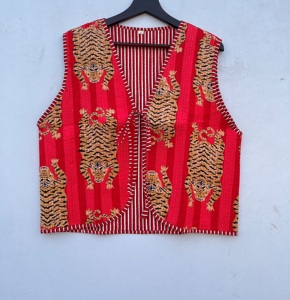 Chaqueta acolchada de algodón con cuello en V hecha a mano para mujer, Chaleco corto con estampado de leopardo, cierre frontal abierto a rayas, Primavera/Verano - Product Image 1