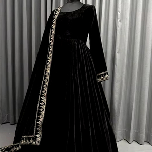 Elegante vestido largo hasta el suelo 2024 Dupatta mangas bordado Dabkapearls trabajo de piedra con cuentas encaje botón decoración fiesta boda desgaste - Product Image 1