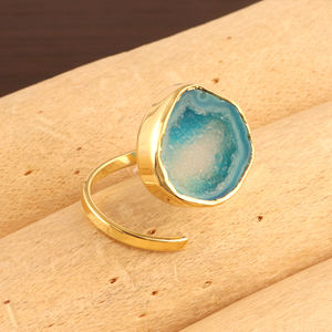 Bague de déclaration en pierre précieuse druzy, mode élégante, naturelle, bleu ciel, plaqué or, ouvert, réglable, bijoux pour femme - Product Image 4
