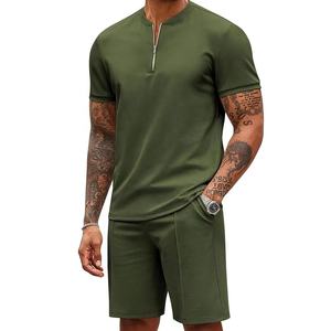 Ensemble de survêtement décontracté pour homme en 2 pièces, printemps, fermeture éclair quart de tour, polo uni, short, jogging athlétique, 100% coton, respirant, léger - Product Image 1