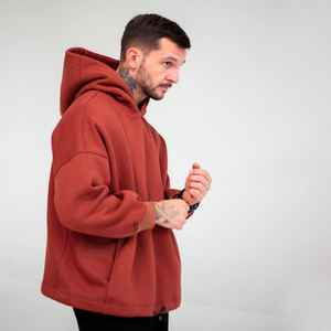 Sudaderas Extra Grandes de Felpa Marrón, Gruesas, Personalizadas, Lisas, Estilo Urbano, con Hombros Caídos y Cordón Ajustable en el Dobladillo - Product Image 2