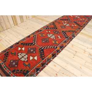 Tapis turc 3,6 x 13,1 pieds, tapis de couloir vintage, tapis rouge et bleu avec motifs de plantes et d'arbres - Product Image 1