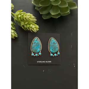Boucles d'oreilles pendantes artisanales Navajo en turquoise et pierres multicolores avec tige en argent sterling, motif goutte d'eau en grappe - Product Image 1