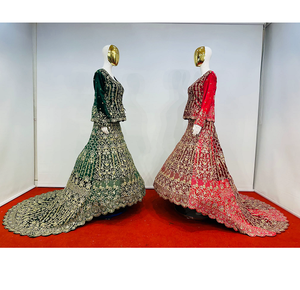 Lehenga Choli en velours brodé avec tissu en filet, prêt pour l'hiver, Grand Traîneau en pierres Jarkan, couleurs royales, édition mariage pour femme - Product Image 5