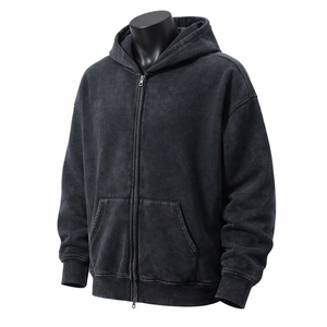 Sudadera con capucha vintage para hombre, con cremallera completa, de forro polar grueso, estilo oversize, con lavado ácido, estilo streetwear, lisa - Product Image 4