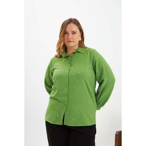 RMG Plus Size Green Stone Detail Woven Polyester Shirt for Women - Elegant Casual Long Sleeve Blouse <b>Top</b> - Product Image 2