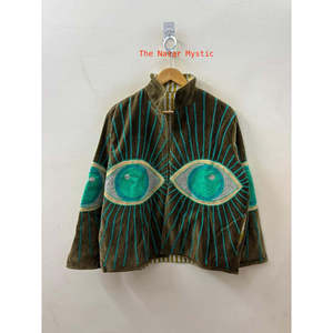 Jungle Women's <b>Corduroy</b> <b>Jacket</b> Stand Collar Full Sleeve Hand Embroidered Evil Eye Pattern Autumn Wear - Product Image 6