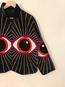 Chaqueta de Terciopelo Negro con Bordado de Ojos, Cuello Mandarín, Manga Farol Tres Cuartos, Estilo Y2K, Ropa de Abrigo Otoñal para Adultos - Product Image 4