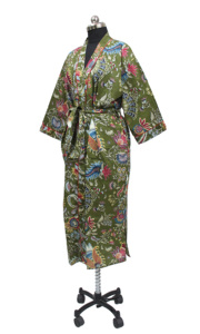 Kimono con estampado de Mukut de algodón 100% verde oscuro, bata de ducha envolvente de noche de verano ligera, bata de baño informal para dormir para Otoño e Invierno - Product Image 4