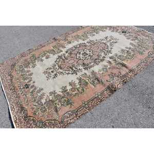 Vintage Turkish Rug 5.4x8.8 ft <b>Brown</b> Pink Oriental <b>Wool</b> Eco-Friendly Patchwork Rug with Latex Backing - Product Image 2