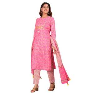 YASH GALLERY Mujer Rayón Floral Impreso Recto Kurta con Pantalón (Rosa) - Product Image 1