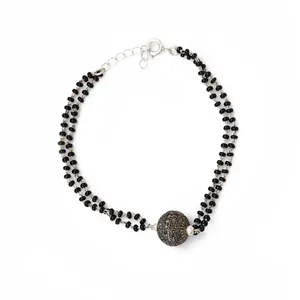 Bracelet classique à perles avec breloque boule en strass noir, plaqué argent 925, bijou vintage unisexe, cadeau - Product Image 3