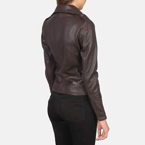 Chaqueta de motorista de piel de oveja auténtica para mujer, con cremallera, forro de viscosa acolchado y bolsillos exteriores interiores, color marrón - Product Image 4