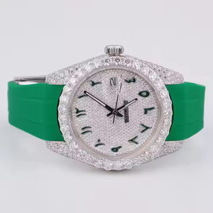 Reloj Deportivo Hip Hop de Diseño Personalizado, Elegante Correa de Acero Inoxidable Verde, Resistente al Agua, Cristal con Incrustaciones de Diamantes Moissanite - Product Image 2