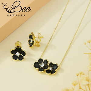 Luxury Women <b>Accessories</b> Necklaces 14k Gold Plated Brass Fashion Black Flower Necklace Earrings Sets In Daily Wear - Product Image 4