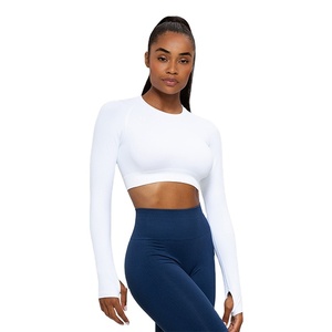 เสื้อครอปท็อปดีไซน์ใหม่ล่าสุด ราคาโรงงานขายส่ง น้ำหนักเบา 200 กรัม เสื้อยืดแขนยาวสำหรับออกกำลังกายผู้หญิง - Product Image 4