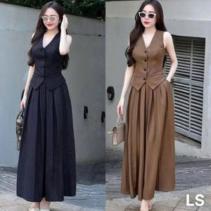 Button-Up Sleeveless Blazer and <b>Pleated</b> <b>Maxi</b> <b>Skirt</b> 2-Piece Set Vest and <b>Skirt</b> Outfit Design - Product Image 1