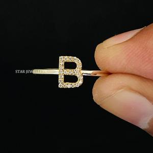 14K Solid <b>Gold</b> Natural Diamond Initial <b>Dainty</b> <b>Ring</b> - Product Image 2