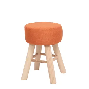 Portable Ottomans Small Wooden Stool Upholstered Padded Footstool with Removable Linen Cover Small Round Chair Stool Ottoman