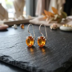 Magnifiques boucles d'oreilles pendantes en citrine jaune de style indien, en argent sterling 925 plaqué, pour unisexe, cadeau et tenue de soirée - Product Image 1