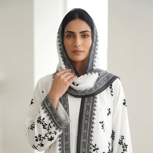 Premium Bember Crepe Open Abaya with Matching Hijab Black and White Floral Print Modest Islamic Clothing <b>for</b> Women - Product Image 3