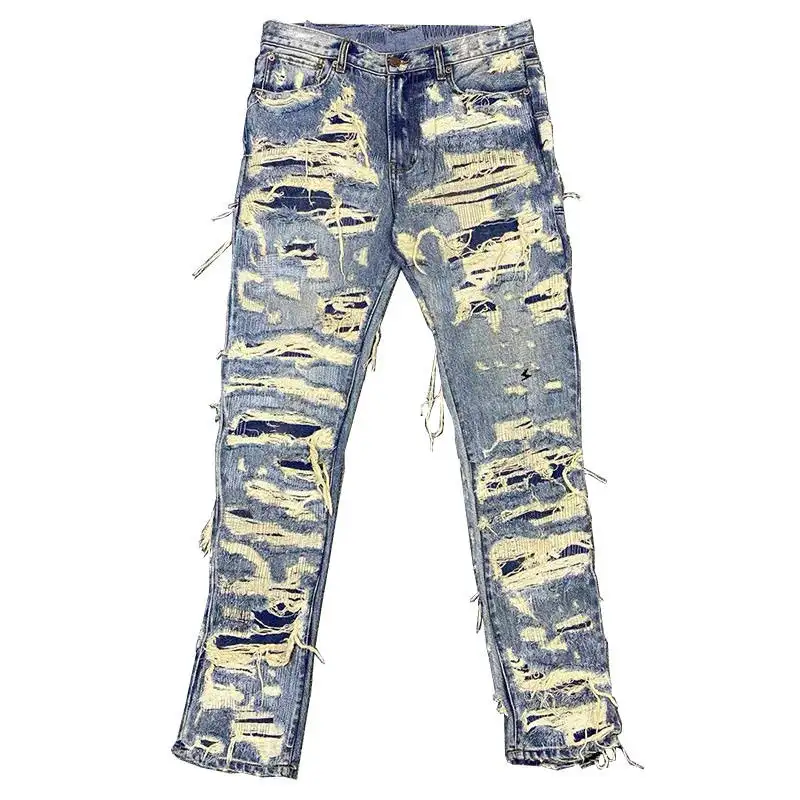 Custom Uw Eigen Digitale Gedrukt Denim Broek Alle Katoen Straight Leg Mannen Jeans Hip-Hop Stijlvolle Geribbelde Gestapeld Jeans mannen Voor Verkoop