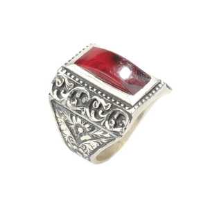 925 Sterling Silver Romantic Men's <b>Ring</b> with Red Pressed <b>Amber</b> Stone Bezel Setting Inlay and Engraving Fashionable Gift Idea - Product Image 1