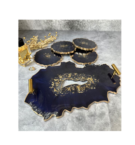 Plateau de service en résine poignée dorée Plat de service en époxy bleu de luxe Disponible en différentes couleurs au prix d'usine - Product Image 5