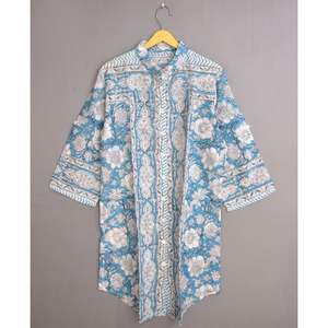 Hand Block Printed Cotton <b>Kimono</b> Shirt Floral Boho Style Swim <b>Cover</b>-<b>Up</b> Mini Dress Summer Beachwear Outfits Sleepwear Woven - Product Image 1