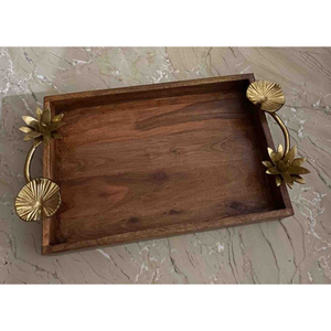 Vente en gros de vaisselle de salle à manger pour la maison plateau de service en bois avec poignée en métal au design fleuri plateau décoratif moderne à vendre - Product Image 3