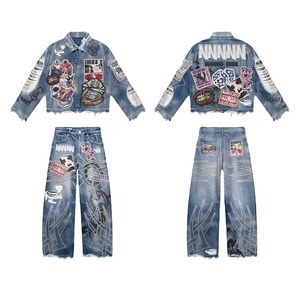 Conjunto de Chaqueta y Pantalones de Chándal Unisex de Mezclilla Vintage Personalizado, Ajuste Delgado, Ligero, con Capucha, Jeans Sólidos, Logotipo Bordado, Efecto Desgastado y Decolorado por el Sol - Product Image 1