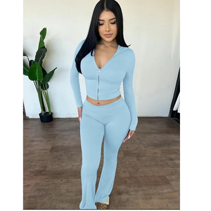 ชุดเสื้อสเวตเตอร์สองชิ้นมีซิปสำหรับเด็กผู้หญิงกางเกงขากว้างแขนยาวเสื้อครอปบอดี้สูทยืดได้ - Product Image 2