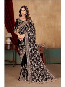 Luxury Heavy Fandy <b>Satin</b> <b>Saree</b> with Premium Heavy Beads Embroidery Work Designer Blouse Included Elegant Wedding Party Festive - Product Image 1