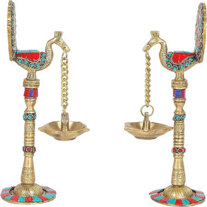 Estilo Art Deco, par Diya colgante de latón de 9 pulgadas, trabajo de piedras preciosas, diseño de pavo real, decoración Diya de latón estándar para Puja Pack 2 - Product Image 5