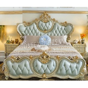 European Design Classic Elegant Vintage <b>Queen</b> Size Teak Wood Bed and Side <b>Stools</b> Set - Product Image 1