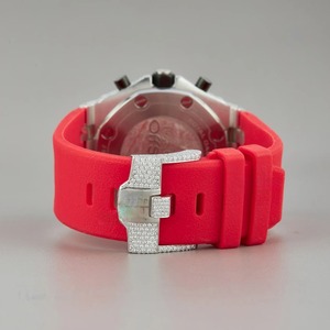 Montre de luxe en moissanite avec trois sous-cadrans chronographes, bracelet en caoutchouc rouge, cadran rond en acier inoxydable, montre de mode pour homme - Product Image 4