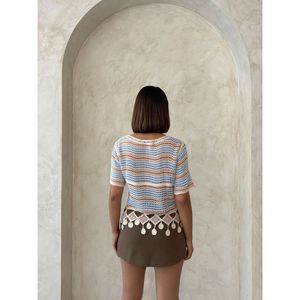 Blusa de Malla Naranja para Mujer Topshow con Detalle de Pompones, Tejido de Algodón a Rayas, Estilo Casual para Uso Diario - Product Image 5