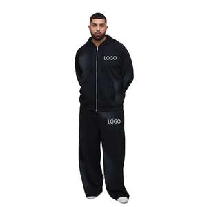 Unisex 450GSM High Quality Acid Wash <b>Black</b> Sweatsuit <b>Men's</b> 100% Cotton Raglan <b>Hoodie</b> Flare Pants Tracksuit Custom Logo Winter - Product Image 3
