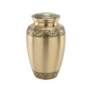 Cenizas para adultos Acabado antiguo Urnas de cremación de metal dorado Diseño en relieve funerario Contenedor de cenizas para adultos Tarro Pot - Product Image 1