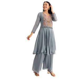 Costume gris Chinon Zardosi Kurta Palazzo vente en gros de vêtements ethniques pour femmes fournisseur d'usine OEM costume de fête personnalisé avec Dupatta - Product Image 2