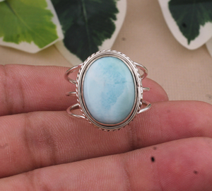 Anillo de Plata de Ley 925 hecho a mano con piedra preciosa Larimar Natural cabujón ovalado joyería de piedra azul Dominicana para mujer - Product Image 5