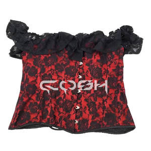 Corset sexy en satin rouge avec superposition de dentelle noire, baleines en acier et volant supérieur, idéal pour les soirées - Product Image 1