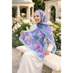Autumn Rosa Floral Pattern <b>Scarf</b> Series Indigo Breathable <b>Silk</b> Voile Cotton Digital Printing <b>Square</b> Length Featuring Logo - Product Image 1