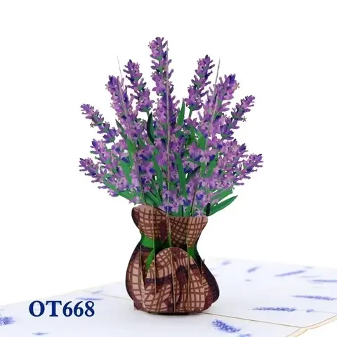 Flores cartão de lavanda buquê pop up cartão 3d, artesanato de papel feito à mão, kirigami, atacado, feito a laser, corte, melhor vendedor, presente de aniversário