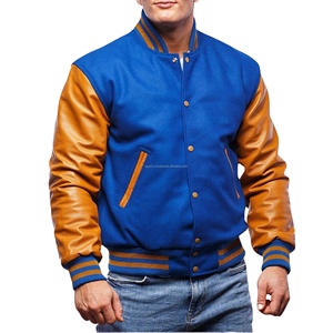 Blouson universitaire pour homme en laine avec manches en cuir, fermeture éclair, patchwork, écologique, style bomber, pour club de baseball - Vente en gros OEM - Product Image 1