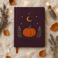 Carnet personnalisé LABON Automne Citrouille, Couverture Rigide Violette, Broderie Citrouille Orange, Lune Dorée, Étoiles, Brindilles Floraux, Pages Lignées