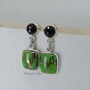 Pendientes Colgantes Finos de Plata de Ley 925 con Turquesa Verde y Cuarzo Ahumado, Gemas Naturales Dobles, Joyería Boho Hecha a Mano, Única - Product Image 3