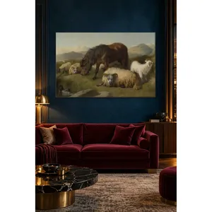 Fida Richard Ansdell - Impression sur toile d'un poney et une vache dans une prairie de montagne - Product Image 1