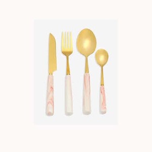 Juego de cubiertos modernos de acero inoxidable, diseño real de lujo, acabado dorado, mango de hueso de sombra rosa, cubiertos duraderos para uso alimentario de boda - Product Image 1